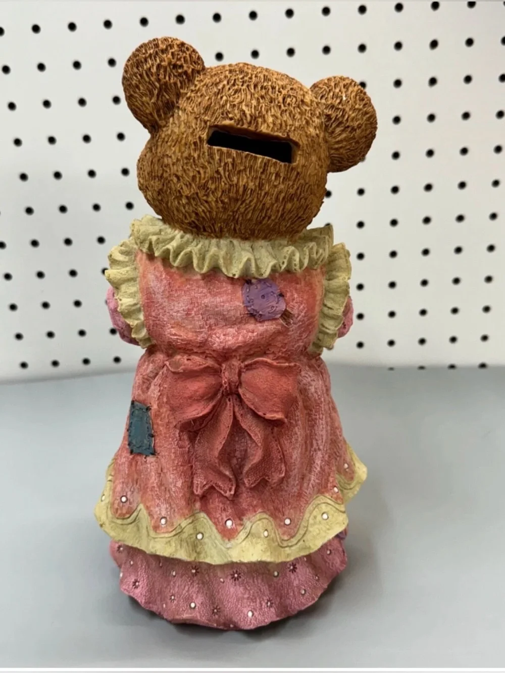 Brown teddy Bear Piggy bank in Pink Dress Holding Flowers - Decorative Home Acc